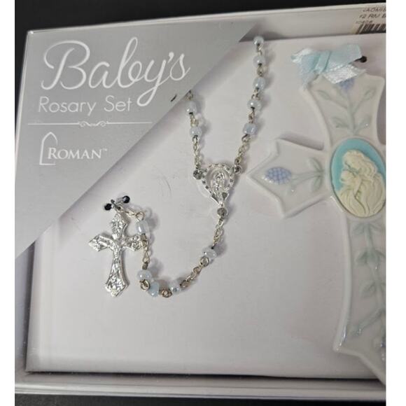 Rosary & Cross Baby VTG new Porcelain Faux Pearl Bead metal link Madonna & child - Picture 7 of 9